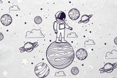 Space planet wallpaper for children’s bedroom with cartoon planets and galaxy elements.